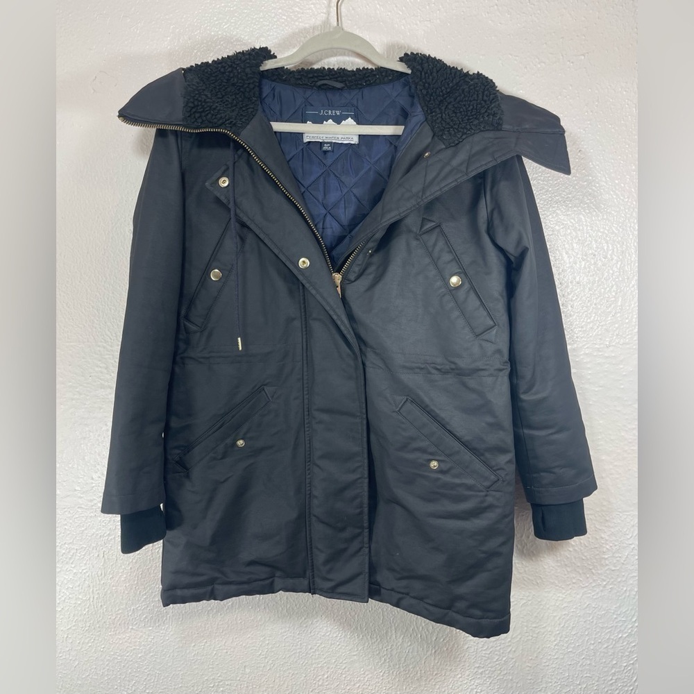 J. Crew Perfect Winter Parka Women’s Small Water Black Hooded Snow Ski Jacket